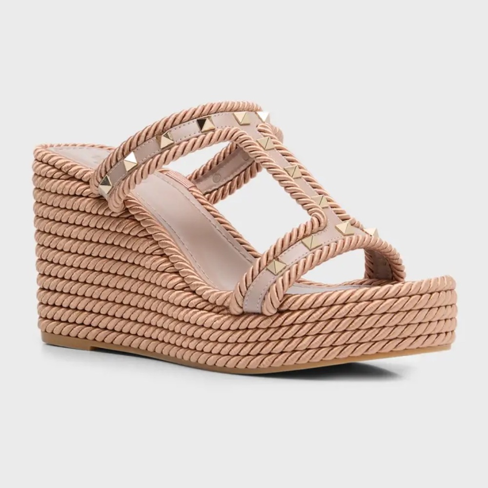Valentino Rockstud Rope Wedge Sandals, Poudre - Picture 2 of 15